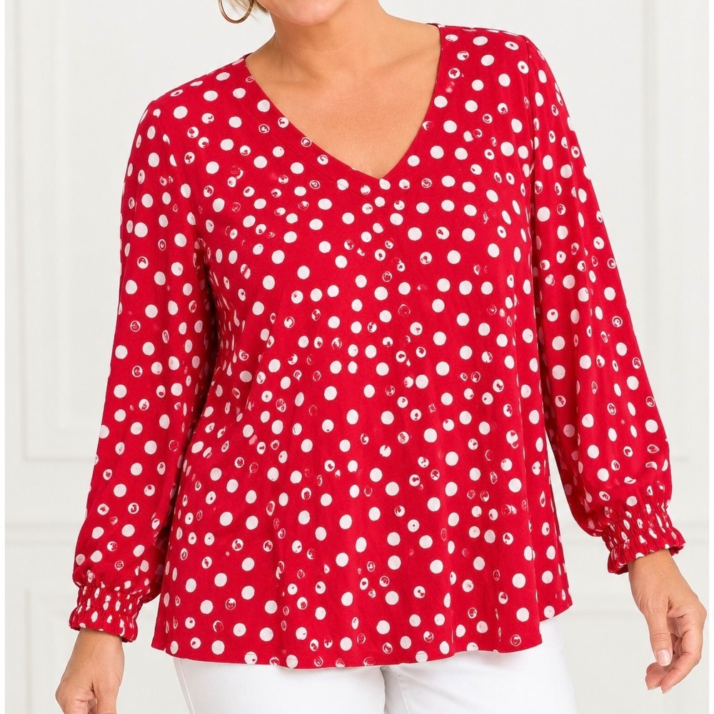 Belle by Kim Gravel Red Polka Dot V-Neck Blouse Smocked Cuffs XL